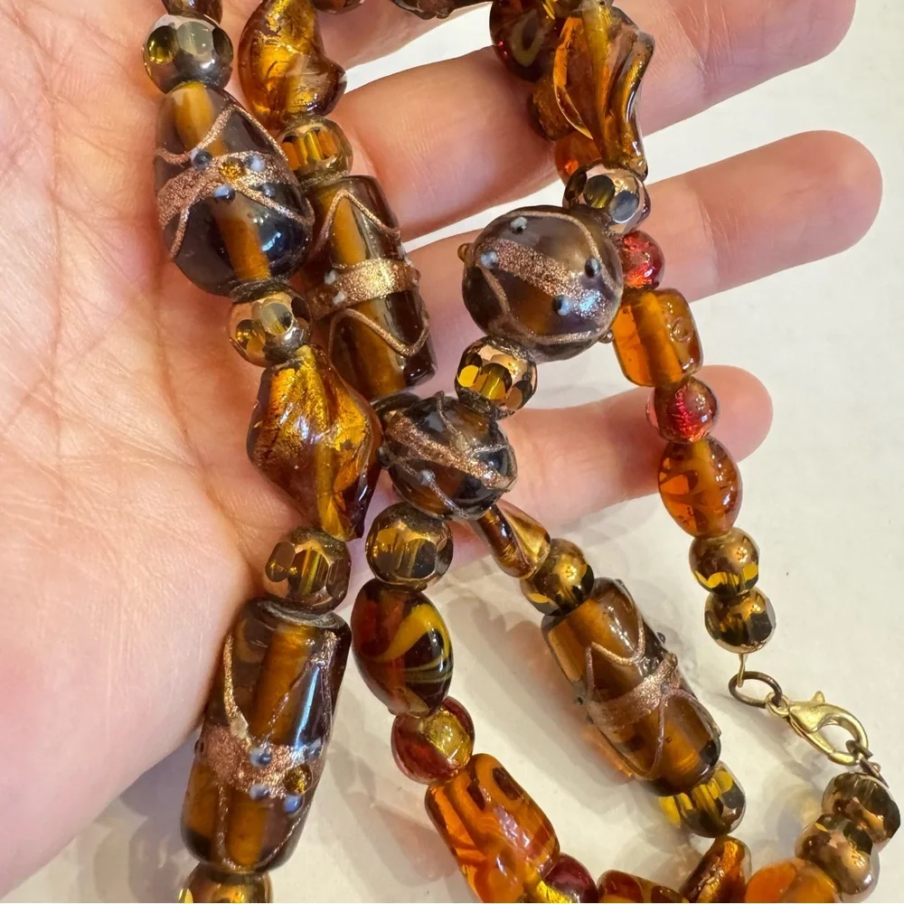 Vintage Brown Amber Color Gold Foil Lampwork Handmade Art Glass Beaded Necklace